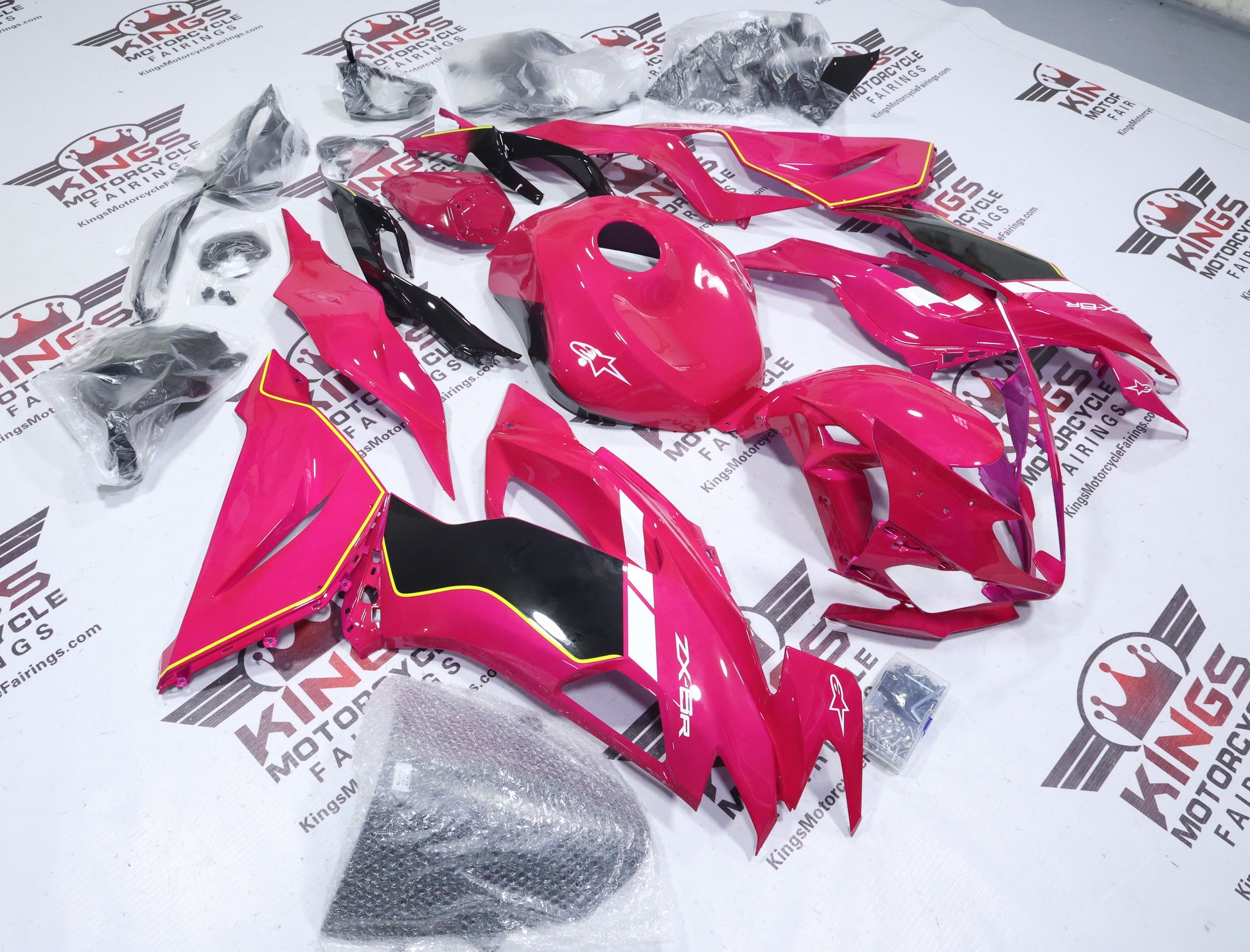 Kawasaki ZX6R Fairings (2019-2023) Pink, Black, White, Yellow at KingsMotorcycleFairings.com