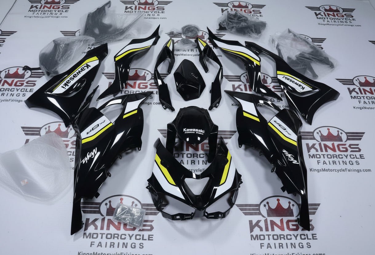 Kawasaki ZX6R Fairings (2024-2025) Black, White, Yellow from KingsMotorcycleFairings.com