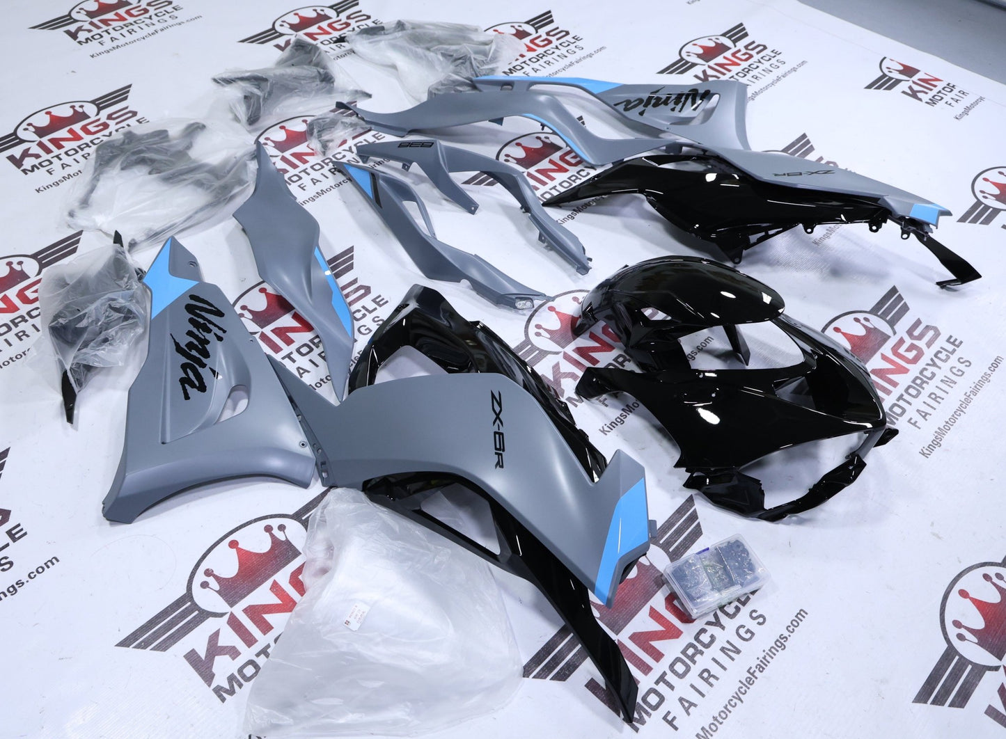 Kawasaki ZX6R Fairings (2024-2025) Matte Gray, Gloss Black, Blue from KingsMotorcycleFairings.com