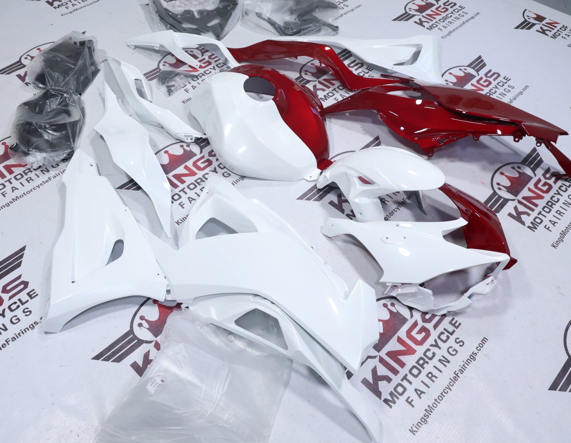 Kawasaki ZX6R Fairings (2024-2025) White, Red Candy Half Split at KingsMotorcycleFairings.com