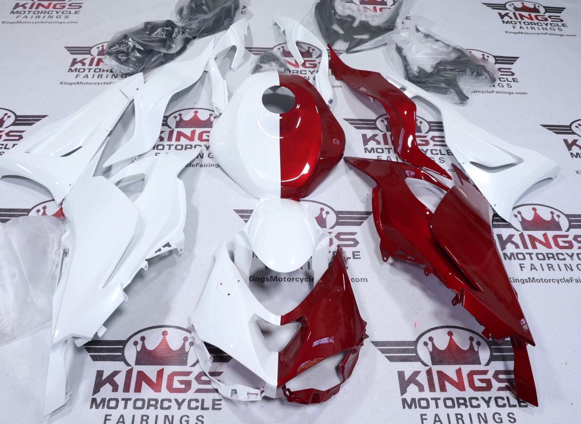 Kawasaki ZX6R Fairings (2024-2025) White, Red Candy Half Split from KingsMotorcycleFairings.com
