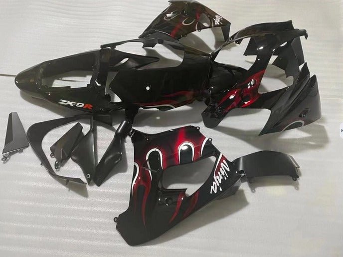 Kawasaki ZX9R Fairings (2002-2003) Black, White, Dark Red Flames at KingsMotorcycleFairings.com