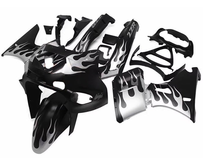 Kawasaki ZZR400 Fairing set (1993-2007) Black, Silver Flames at KingsMotorcycleFairings.com