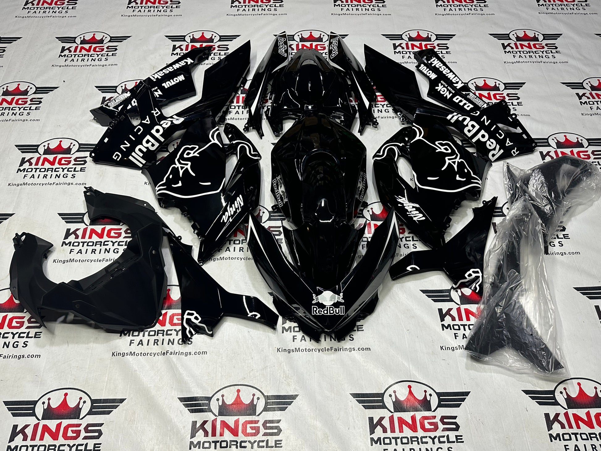 Race Fairings for Kawasaki Ninja 400 (2018-2023) Black, White RedBull at KingsMotorcycleFairings.com