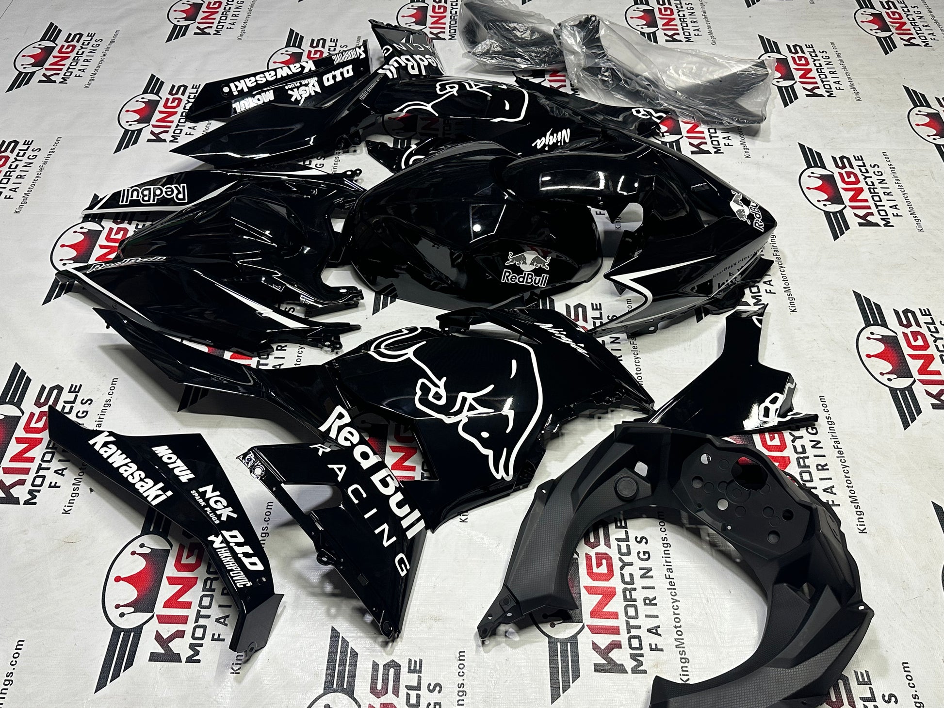 Race Fairings for Kawasaki Ninja 400 (2018-2023) Black, White RedBull from KingsMotorcycleFairings.com