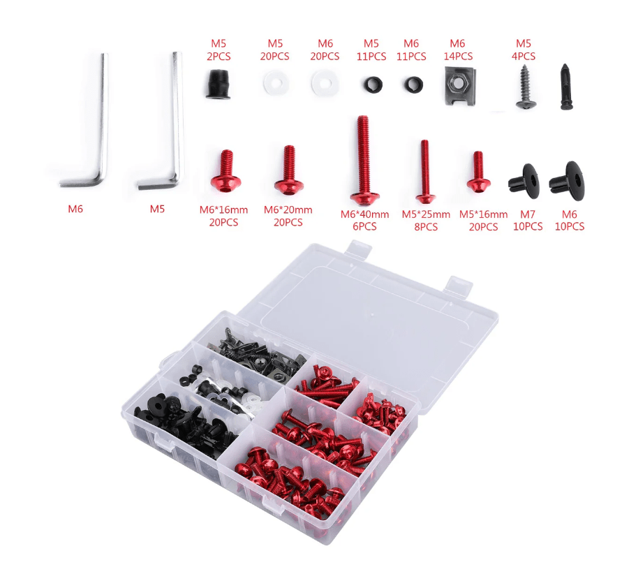 Red Bolt Kit for Universal Fit Motorcycle Fairing Installation at KingsMotorcycleFairings.com