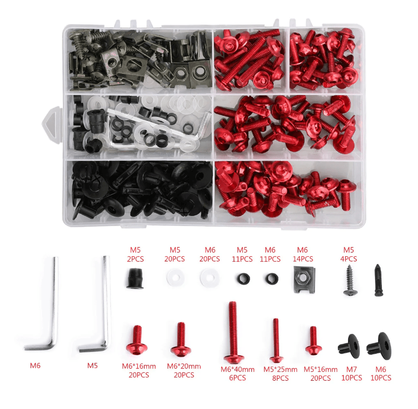 Red Bolt Kit for Universal Fit Motorcycle Fairing Installation from KingsMotorcycleFairings.com