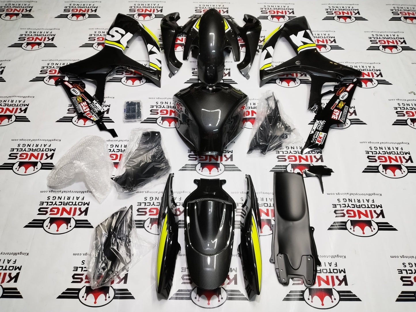 SUZUKI GSXR600 FAIRING SET (2006-2007) FAUX CARBON FIBER, NEON YELLOW, WHITE at KingsMotorcycleFairings.com