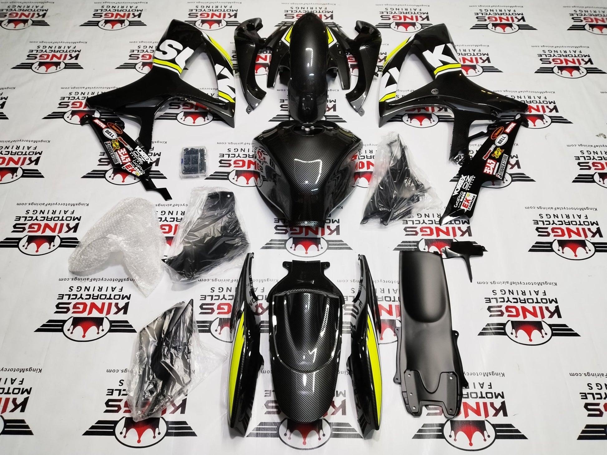 SUZUKI GSXR600 FAIRING SET (2006-2007) FAUX CARBON FIBER, NEON YELLOW, WHITE at KingsMotorcycleFairings.com