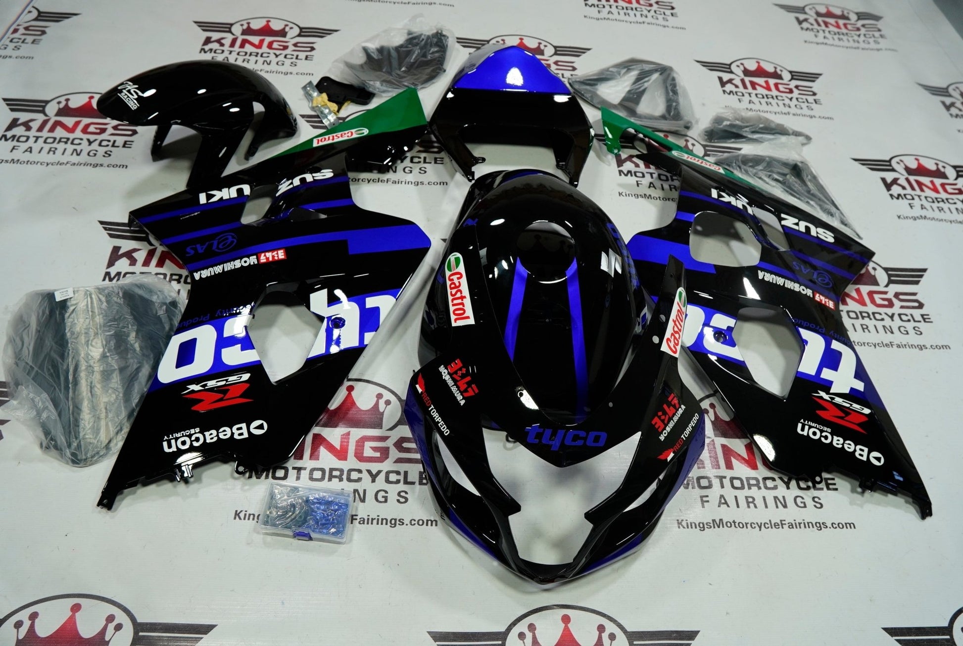 SUZUKI GSXR 600 FAIRINGS (2004-2005) BLACK, BLUE, BLACK, GREEN TYCO AT KingsMotorcycleFairings.com