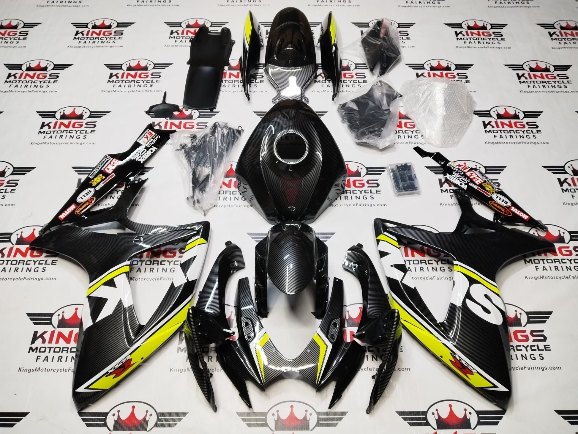 SUZUKI GSXR600 FAIRINGS (2006-2007) FAUX CARBON FIBER, NEON YELLOW, WHITE at KingsMotorcycleFairings.com