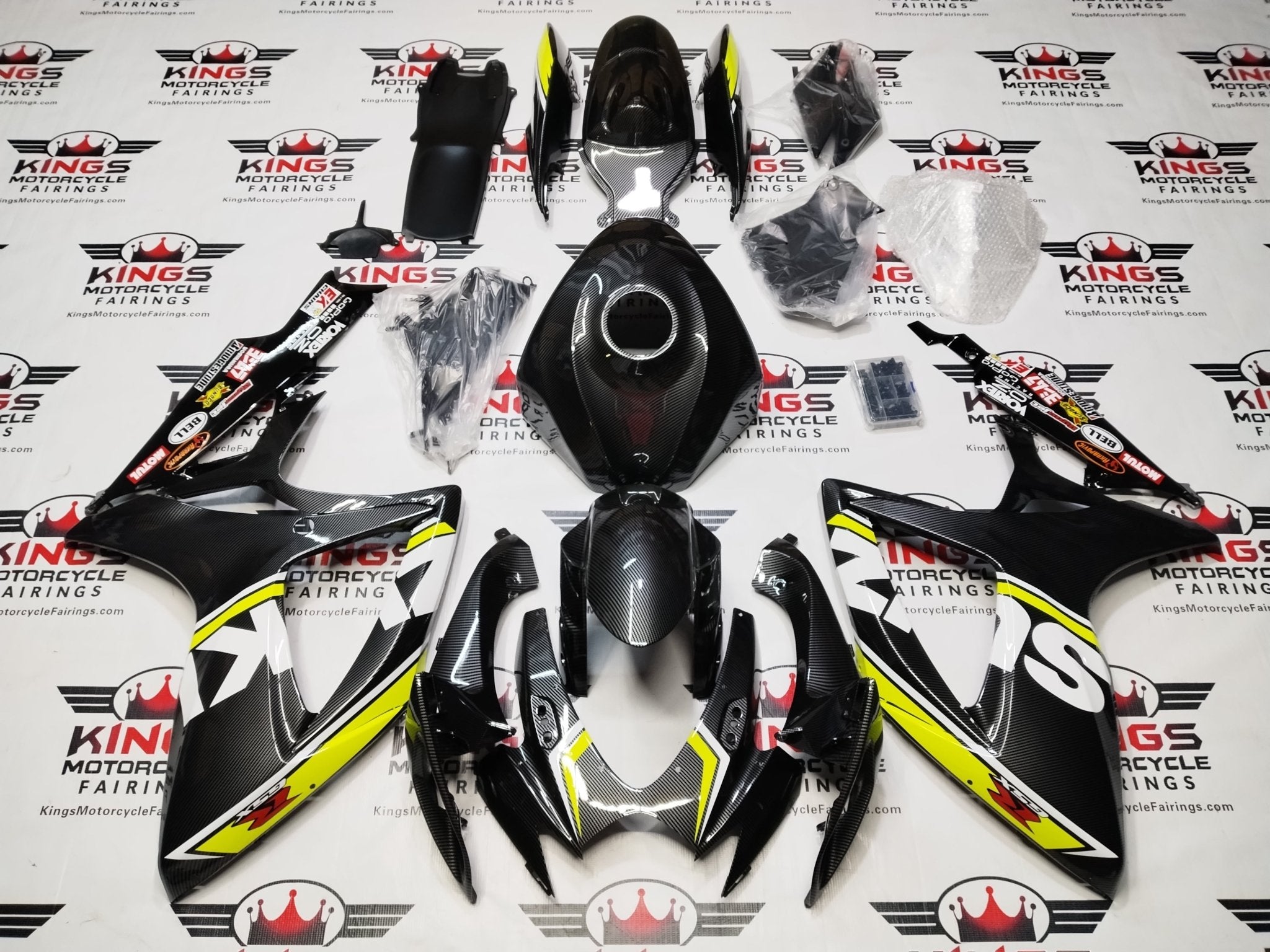SUZUKI GSXR600 FAIRINGS (2006-2007) FAUX CARBON FIBER, NEON YELLOW, WHITE at KingsMotorcycleFairings.com