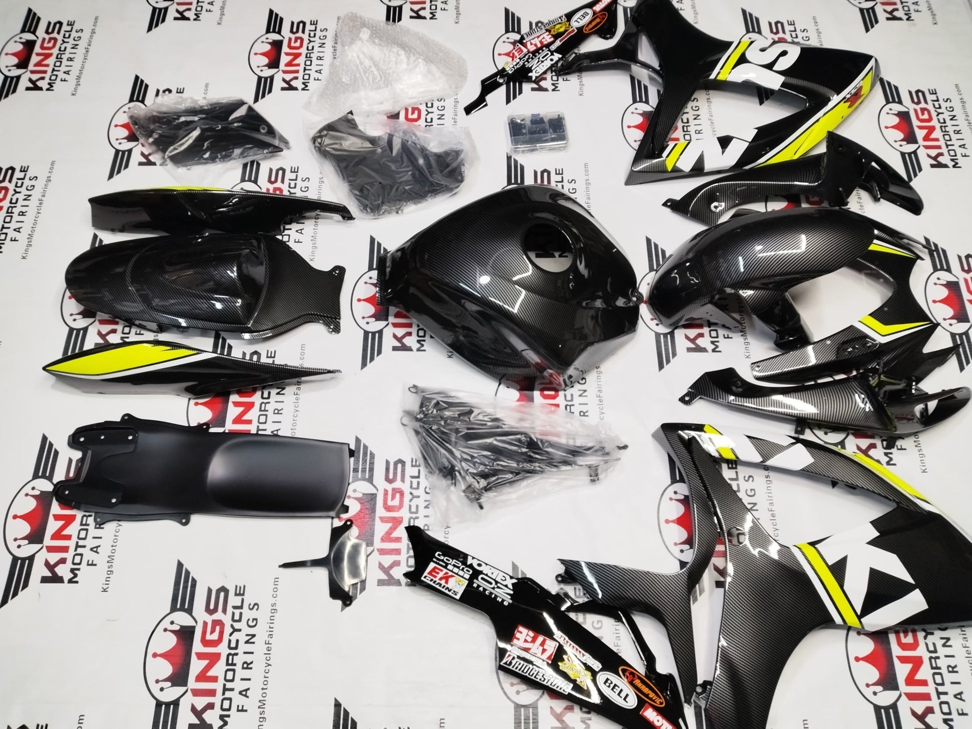 SUZUKI GSXR600 FAIRINGS (2006-2007) FAUX CARBON FIBER, NEON YELLOW, WHITE from KingsMotorcycleFairings.com