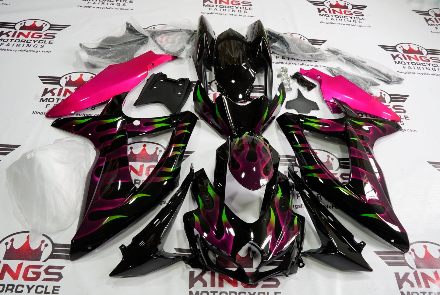 SUZUKI GSXR750 (2008-2010) BLACK, PINK & GREEN FLAME FAIRINGS at KingsMotorcycleFairings.com