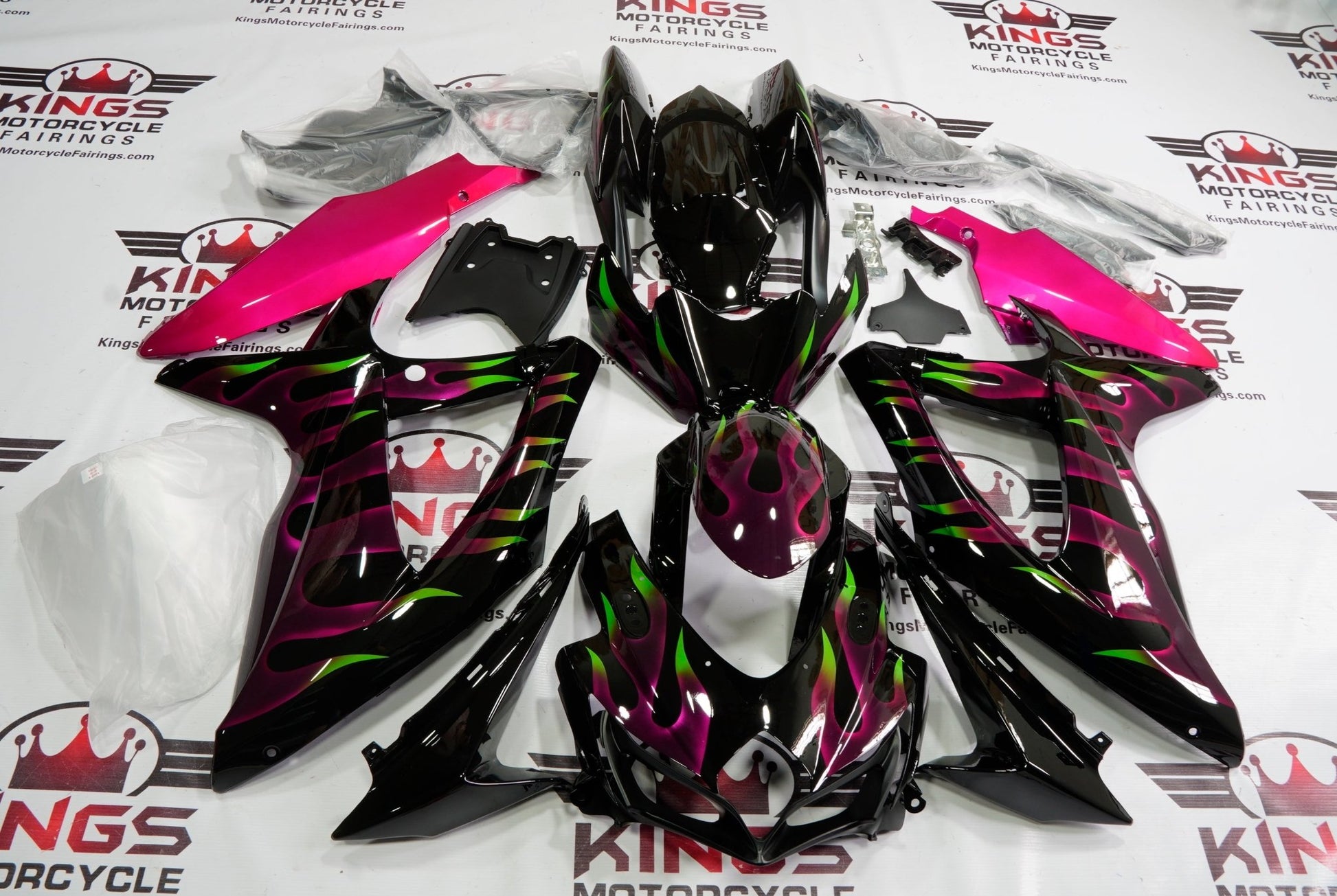 SUZUKI GSXR750 (2008-2010) BLACK, PINK & GREEN FLAME FAIRINGS at KingsMotorcycleFairings.com