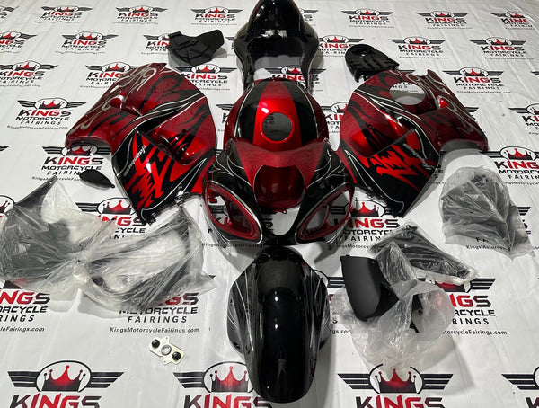 SUZUKI GSXR1300 HAYABUSA CANDY RED, BLACK, CHROME TRIBAL FLAME FAIRINGS at KingsMotorcyclefairings.com