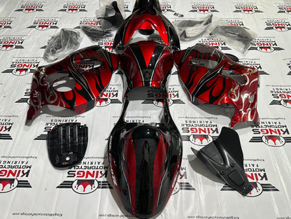 SUZUKI GSXR1300 HAYABUSA CANDY RED, BLACK, CHROME TRIBAL FLAME FAIRINGS at KingsMotorcyclefairings.com