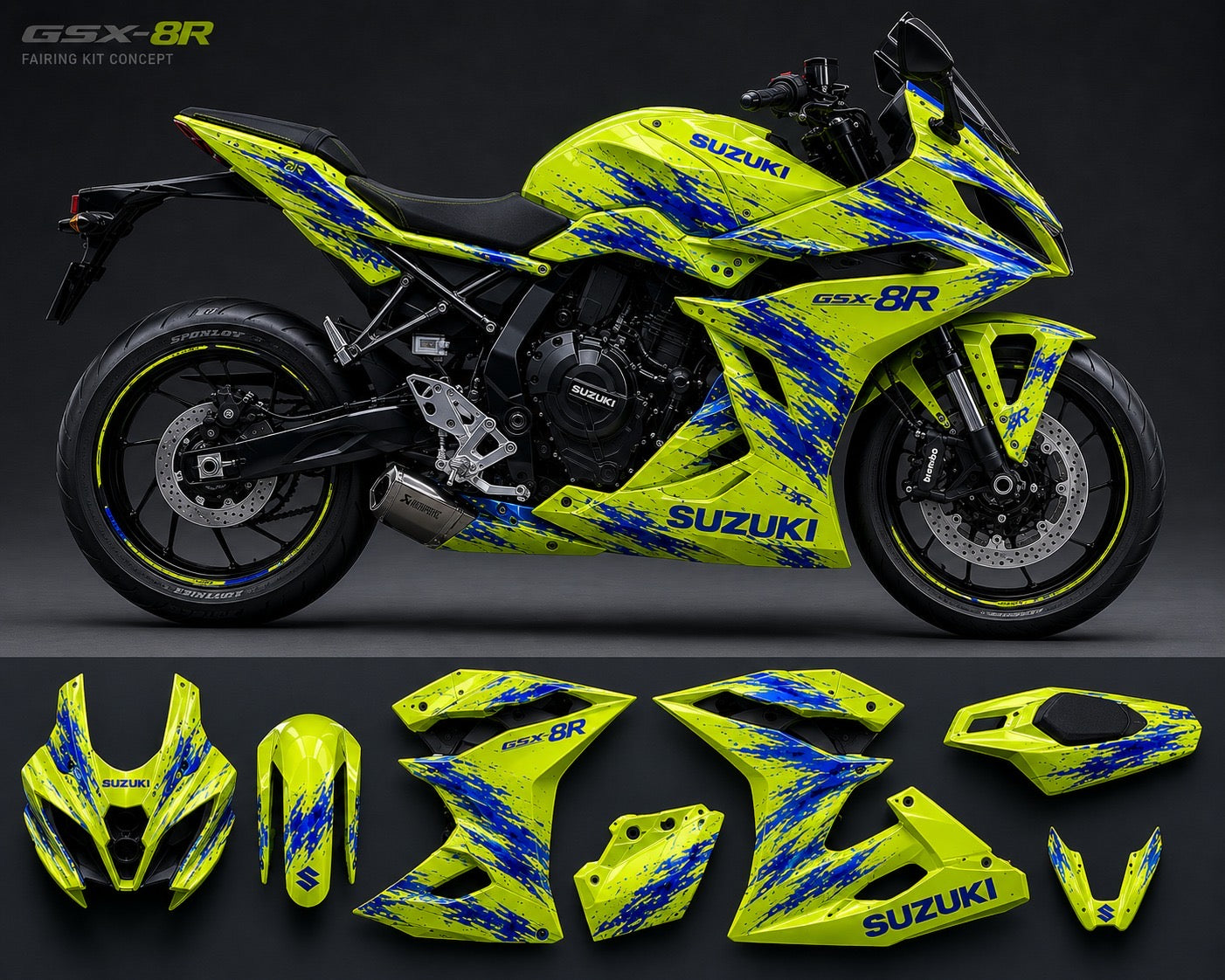 Suzuki GSX-8R Fairings (2024-2025) Neon Yellow, Blue Splash at KingsMotorcycleFairings.com