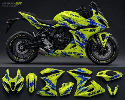Suzuki GSX-8R Fairings (2024-2025) Neon Yellow, Blue Splash at KingsMotorcycleFairings.com