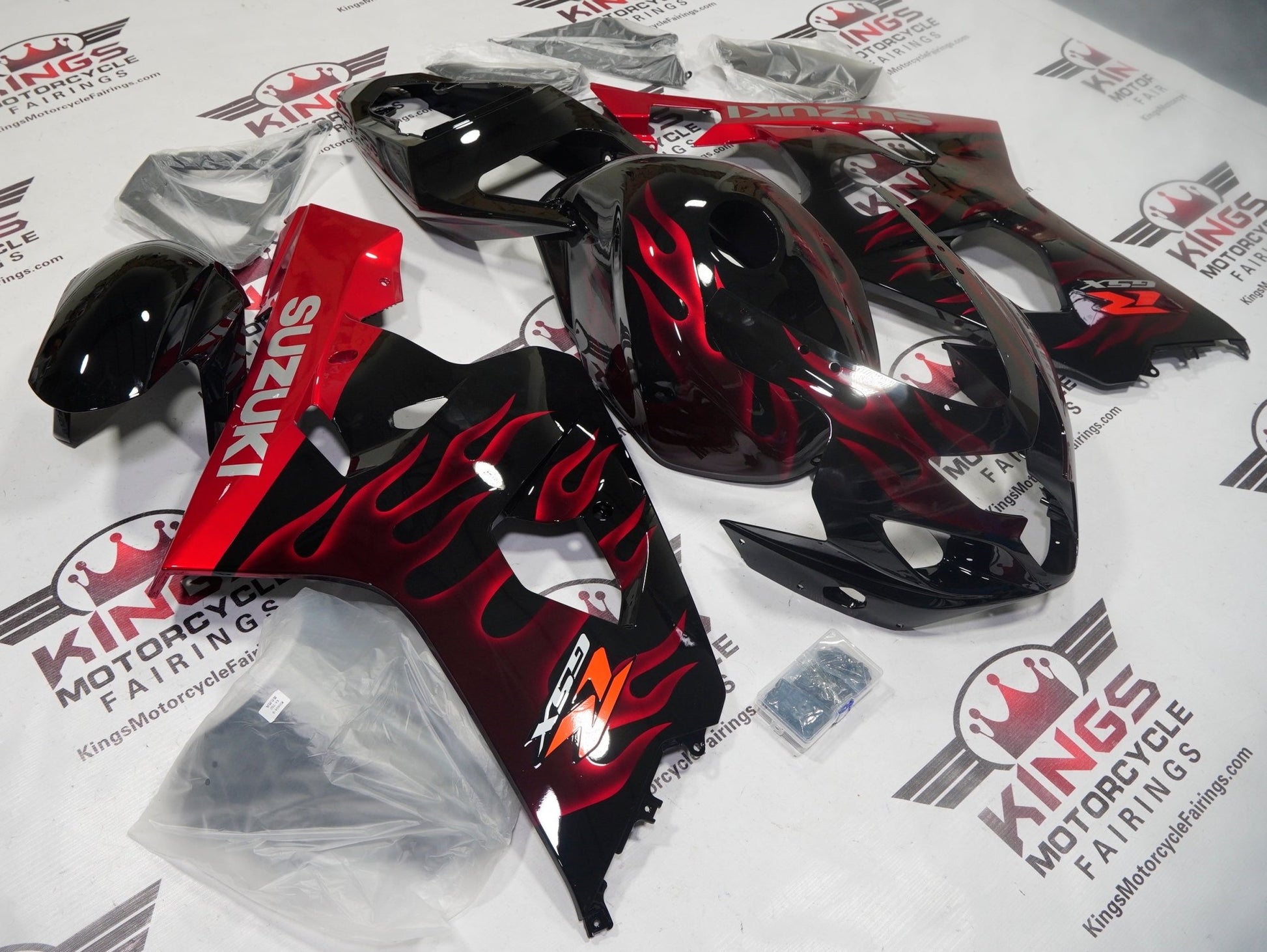 Suzuki GSX-R600 Fairing Set (2000-2003) Red Flames, Black at KingsMotorcycleFairings.com