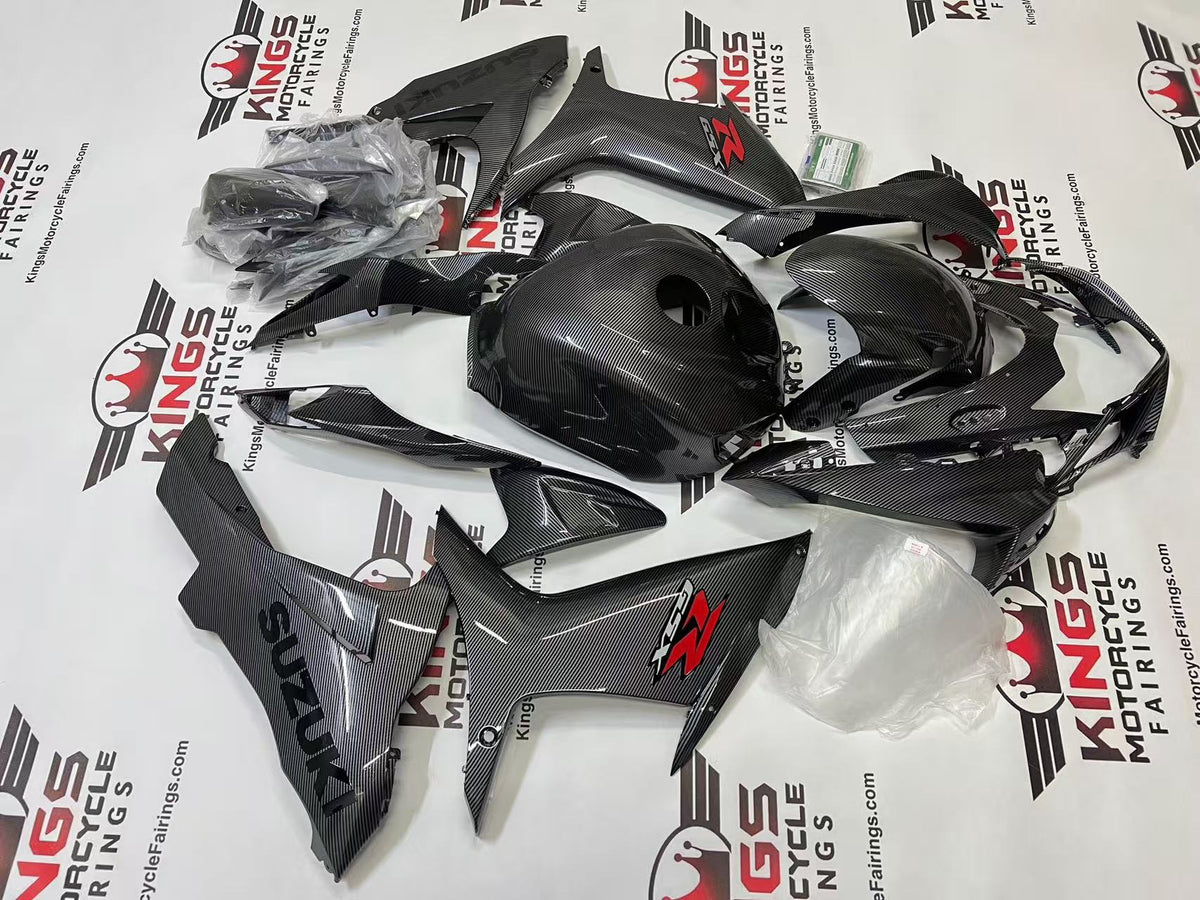 Suzuki GSX-R600 Fairings (2011-2024) Faux Carbon Fiber, Black, Red from KingsMotorcycleFairings.com
