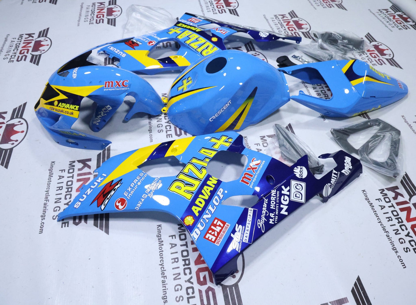 Suzuki GSX-R750 Fairings (2004-2005) Light Blue, Yellow, Navy Blue Rizla at KingsMotorcycleFairings.com