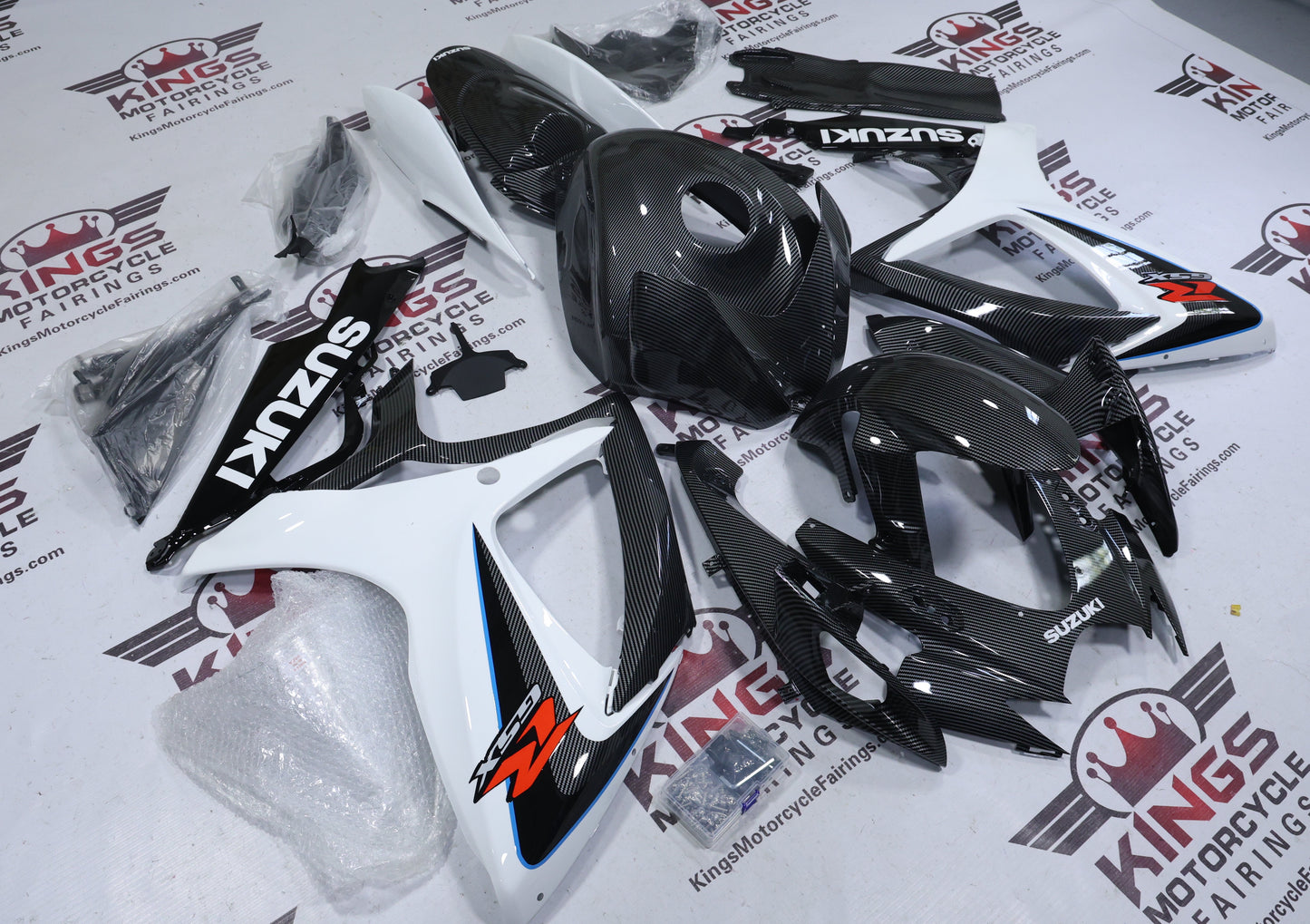 Suzuki GSX-R750 Fairings (2006-2007) Faux Carbon Fiber, White, Black at KingsMotorcycleFairings.com