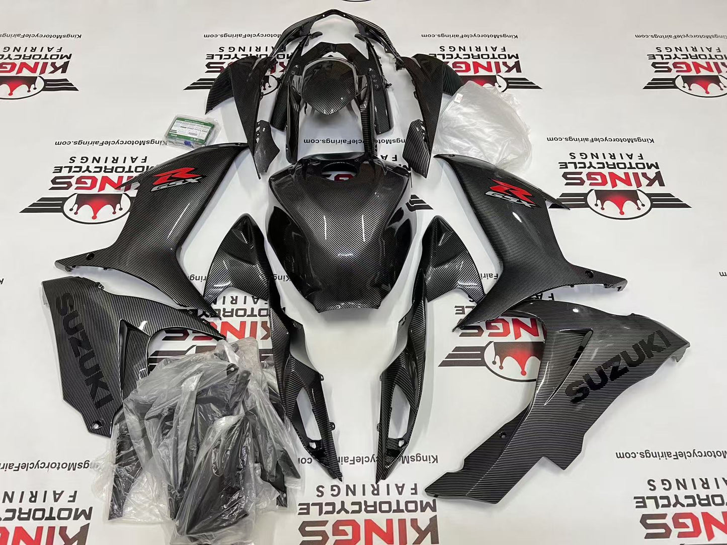 Suzuki GSX-R750 Fairings (2011-2024) Faux Carbon Fiber, Black, Red at KingsMotorcycleFairings.com