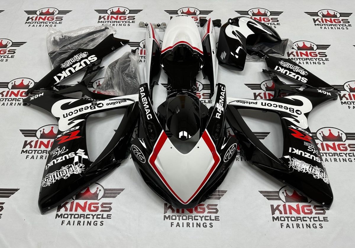 Suzuki GSX-R750 Race Track Fairings (2006-2007) Black, White, Red Beacon at KingsMotorcycleFairings.com