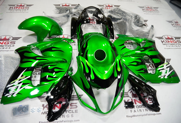 Suzuki GSX1300R Hayabusa Fairing Kit (2008-2020) Green, White, Black Flames at KingsMotorcycleFairings.com