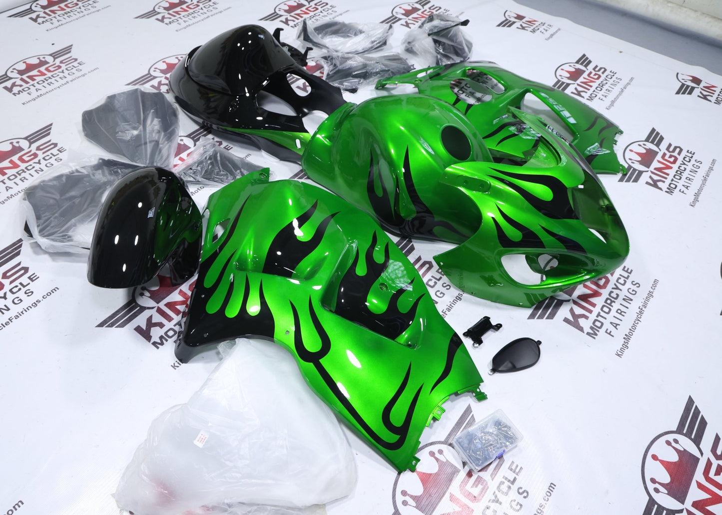 Suzuki GSX1300R Hayabusa Fairings (1999-2007) Green, Black Fire at KingsMotorcycleFairings.com