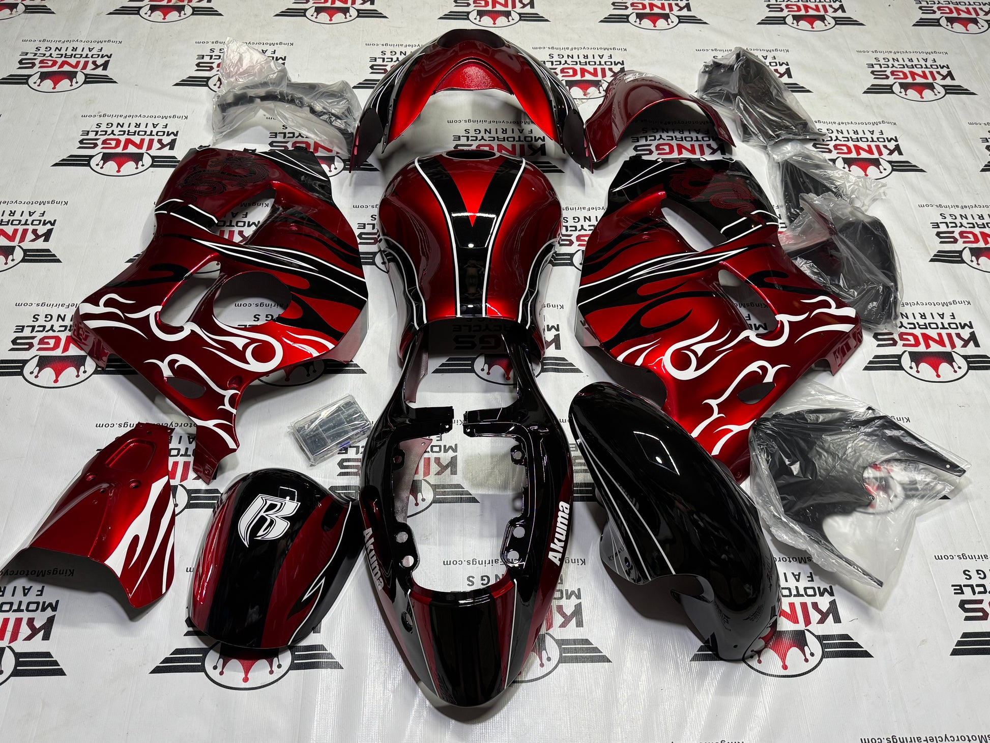 Suzuki GSX1300R Hayabusa Fairings (1999-2007) Red, Black, Tribal, Dragon at KingsMotorcycleFairings.com