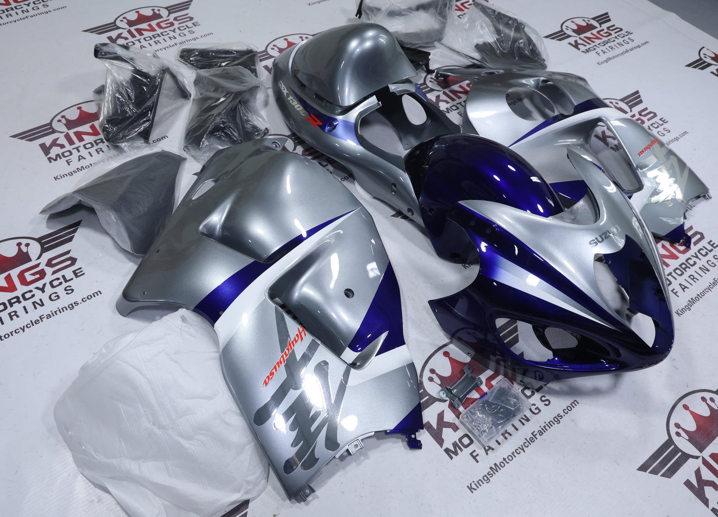 Suzuki GSX1300R Hayabusa Fairings (1999-2007) Silver, Blue, Chrome at KingsMotorcycleFairings.com
