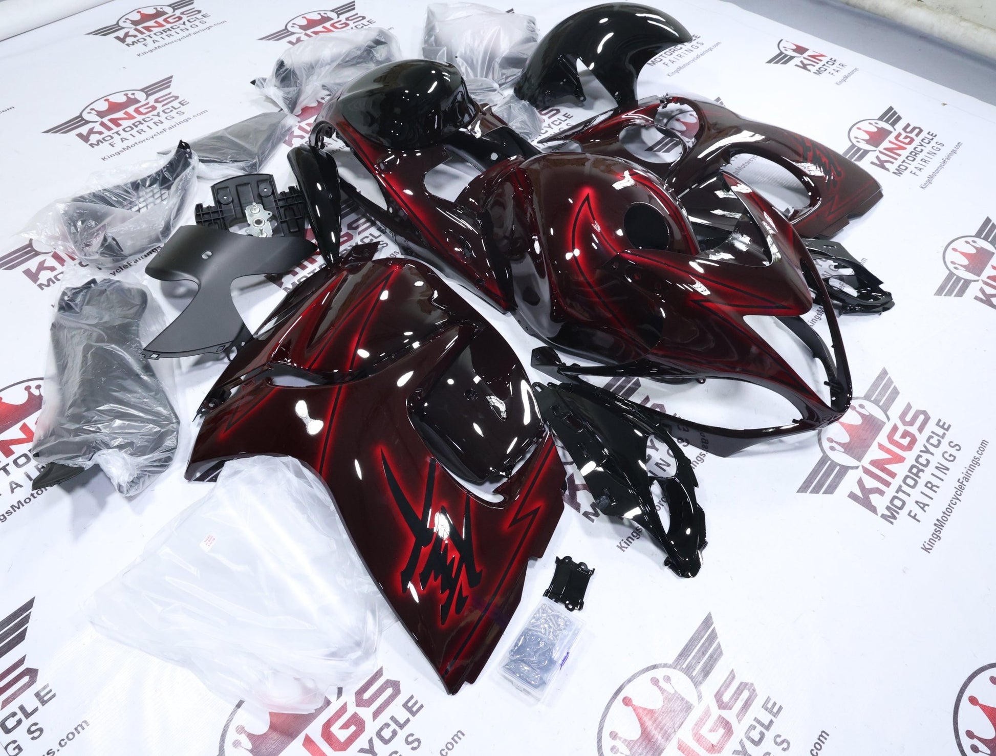 Suzuki GSX1300R Hayabusa Fairings (2008-2020) Black, Red Spray at KingsMotorcycleFairings.com