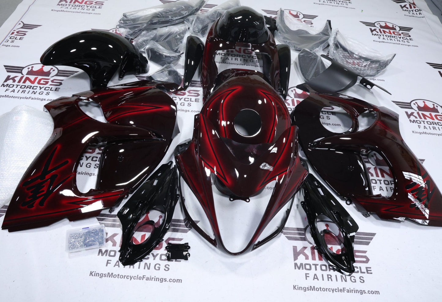 Suzuki GSX1300R Hayabusa Fairings (2008-2020) Black, Red Spray at KingsMotorcycleFairings.com