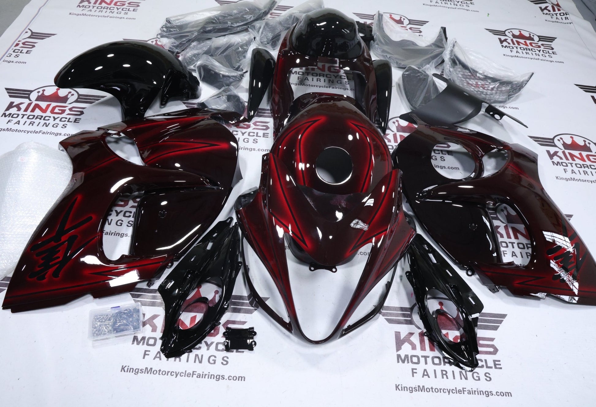 Suzuki GSX1300R Hayabusa Fairings (2008-2020) Black, Red Spray at KingsMotorcycleFairings.com
