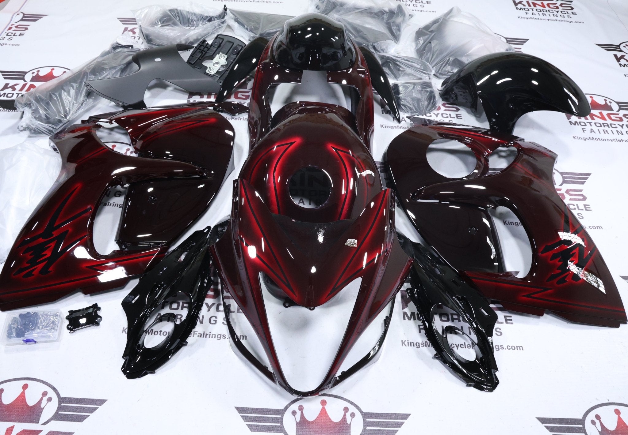 Suzuki GSX1300R Hayabusa Fairings (2008-2020) Black, Red Spray from KingsMotorcycleFairings.com