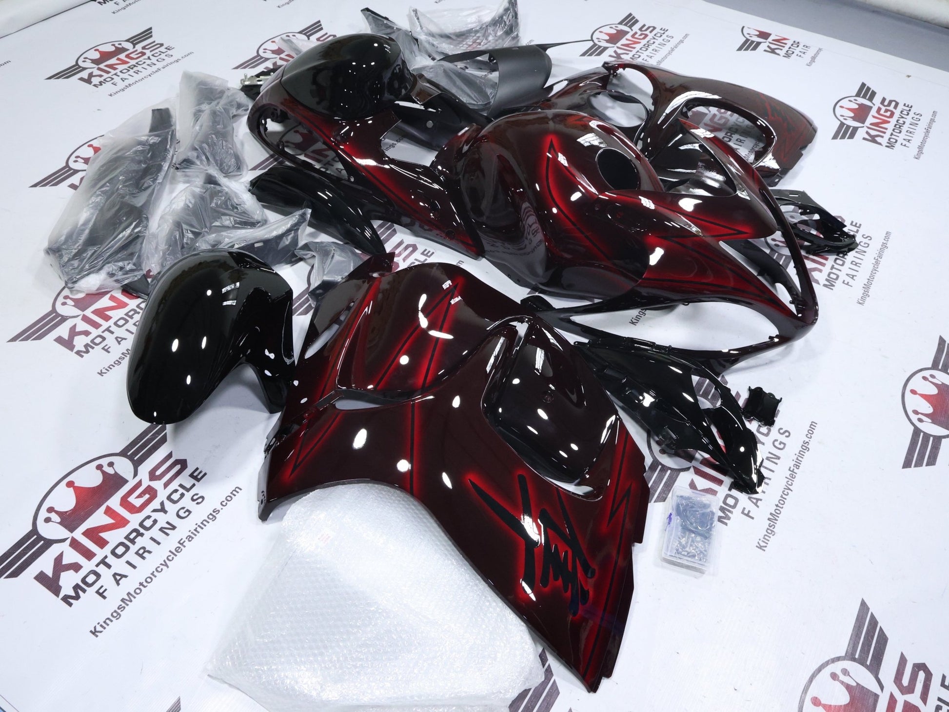Suzuki GSX1300R Hayabusa Fairings (2008-2020) Black, Red Spray from KingsMotorcycleFairings.com