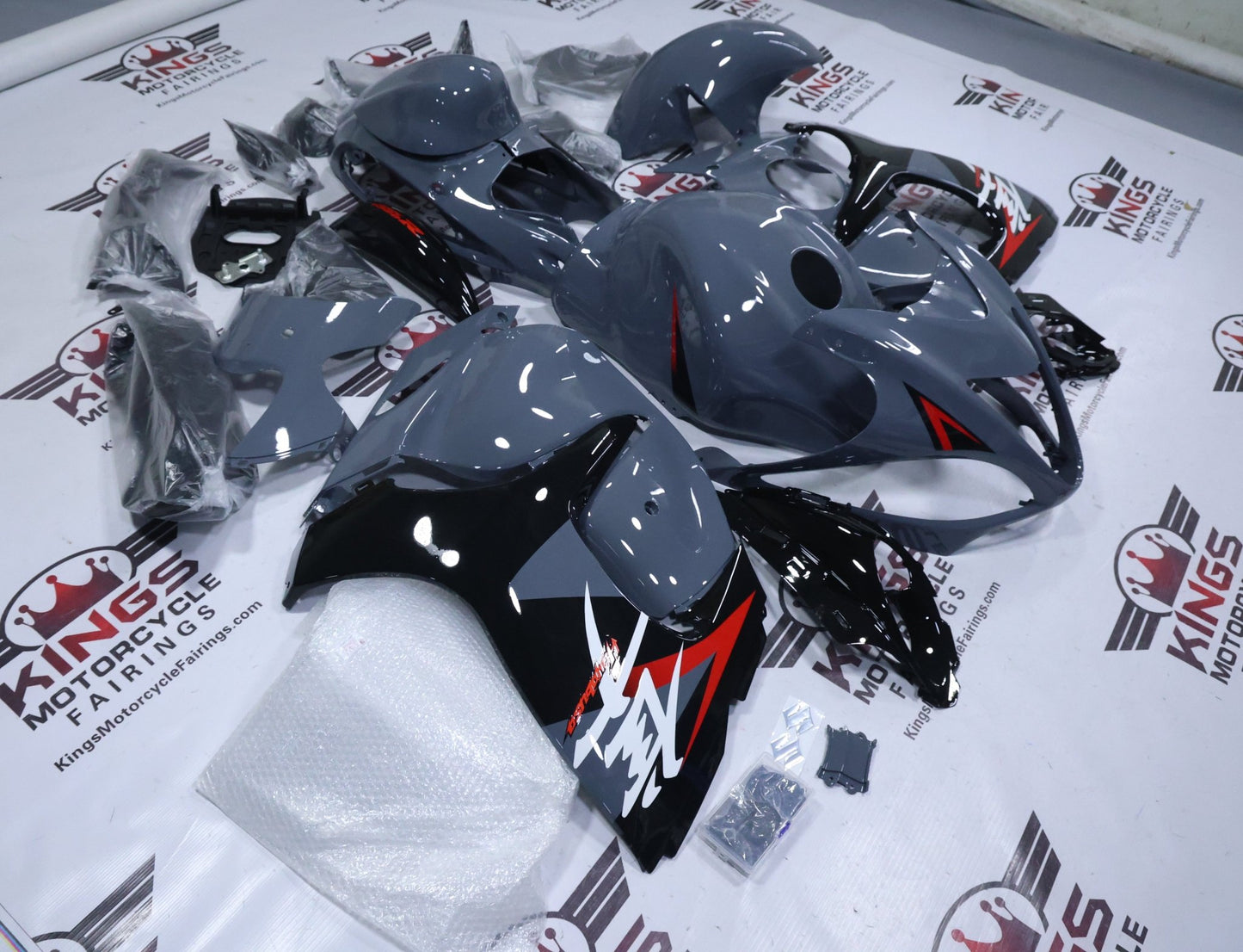 Suzuki GSX1300R Hayabusa Fairings (2008-2020) Nardo Gray, Black, White, Red at KingsMotorcycleFairings.com
