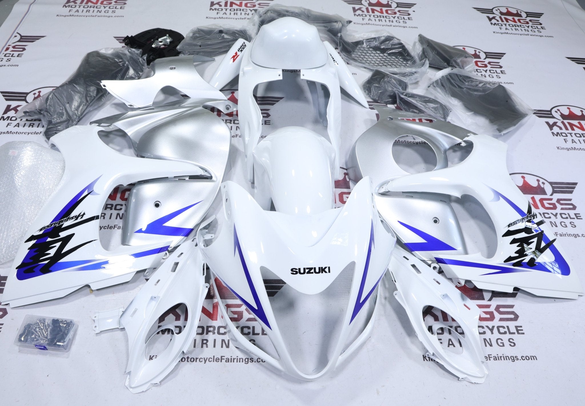 Suzuki GSX1300R Hayabusa Fairings (2008-2020) Pearl White, Silver, Blue at KingsMotorcycleFairings.com