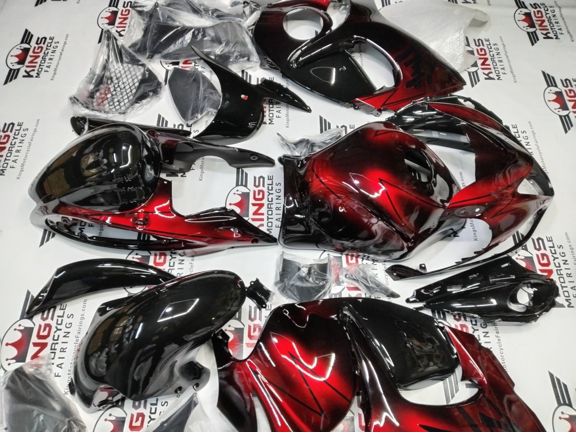 Suzuki GSX1300R Hayabusa Fairings (2008-2020) Red, Black Fade from KingsMotorcycleFairings.com
