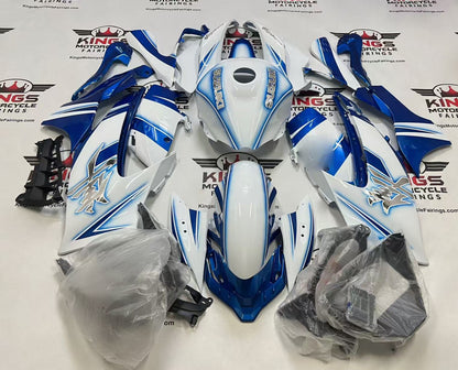 Suzuki GSX1300R Hayabusa Fairings (2021-2025) White, Blue Glow Stripes from KingsMotorcycleFairings.com