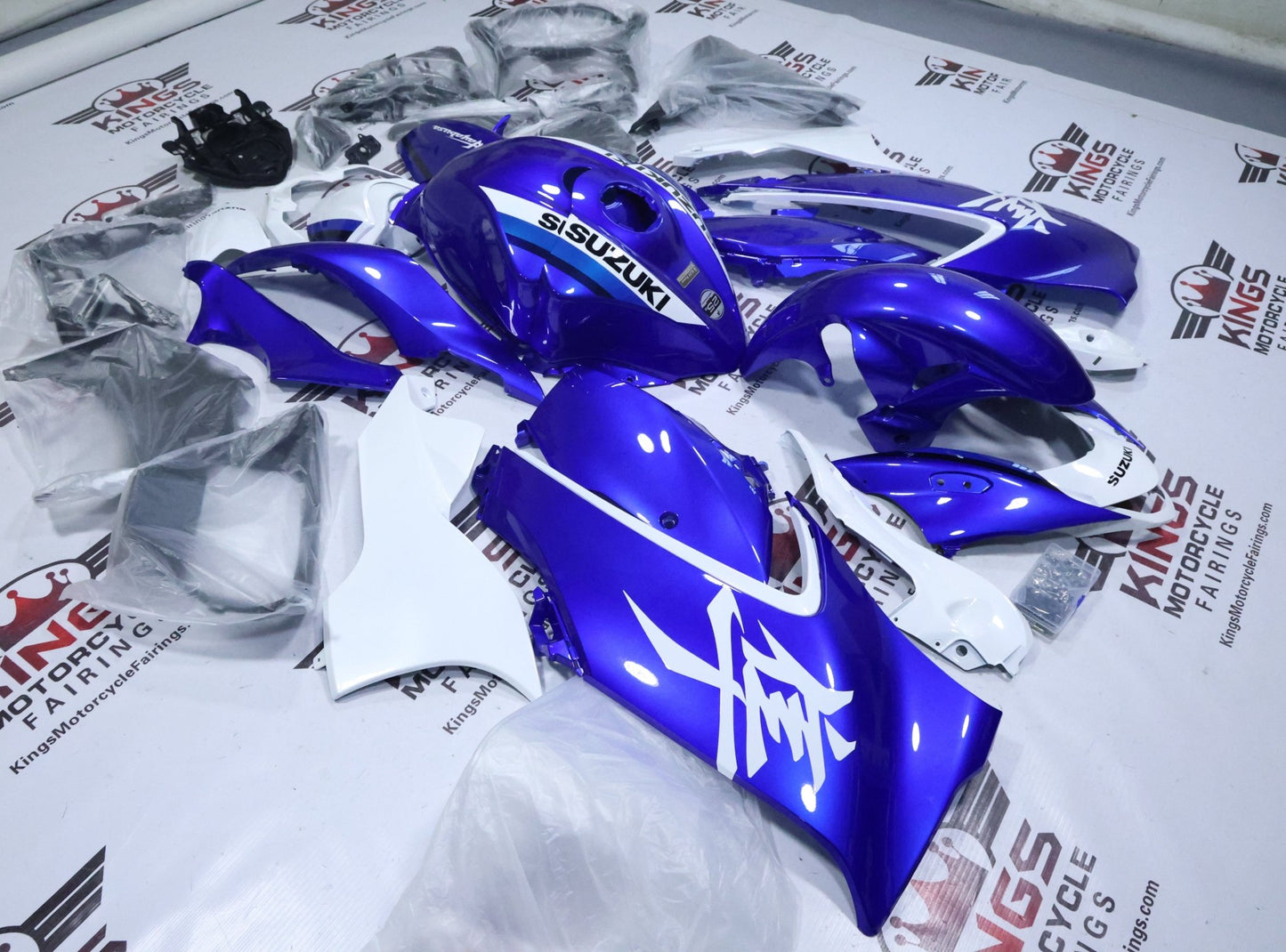 Suzuki GSX1300R Hayabusa Fairings (2021-2026) Blue Pearl, White at KingsMotorcycleFairings.com
