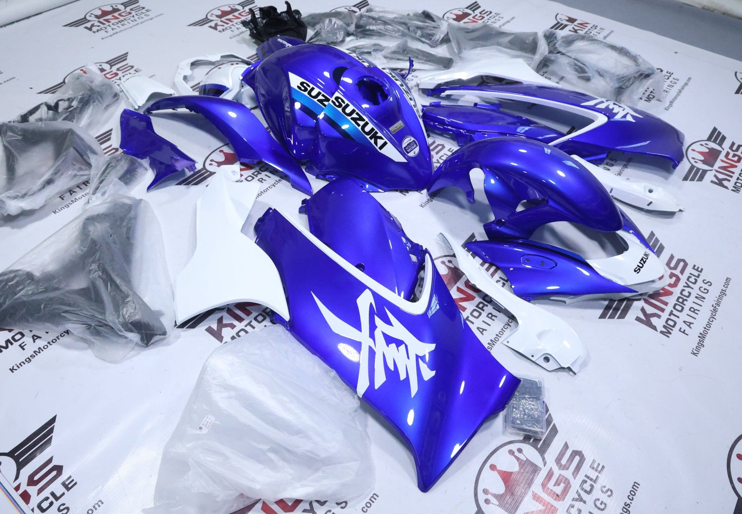 Suzuki GSX1300R Hayabusa Fairings (2021-2026) Blue, White Gloss at KingsMotorcycleFairings.com