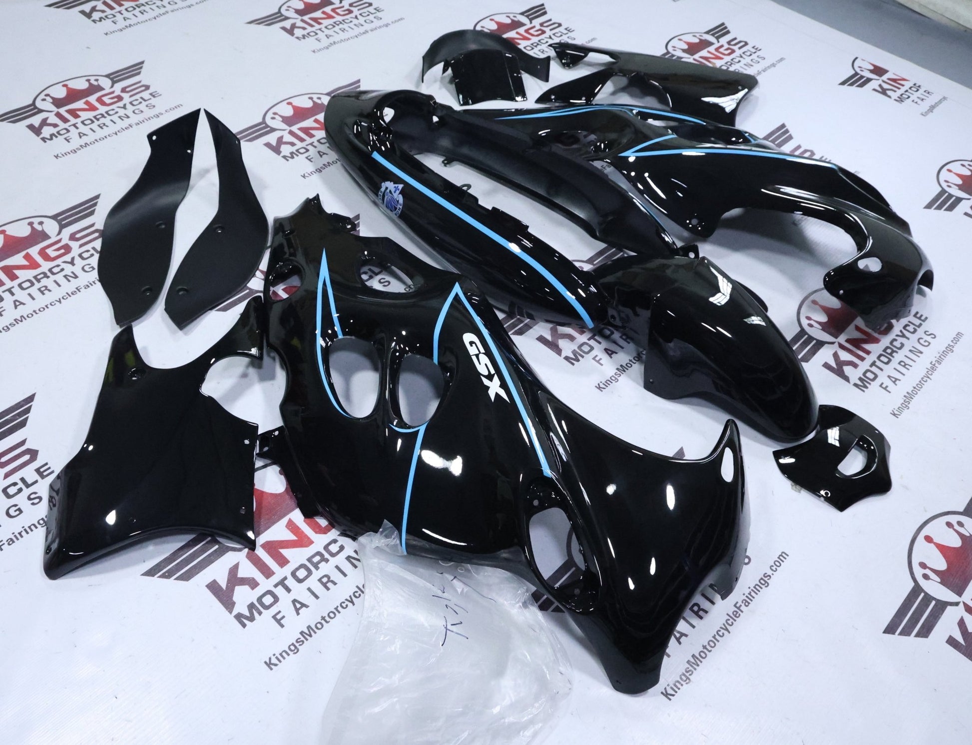 Suzuki GSX750F Katana Fairings (1998-2006) Black, Blue Pinstripe from KingsMotorcycleFairings.com