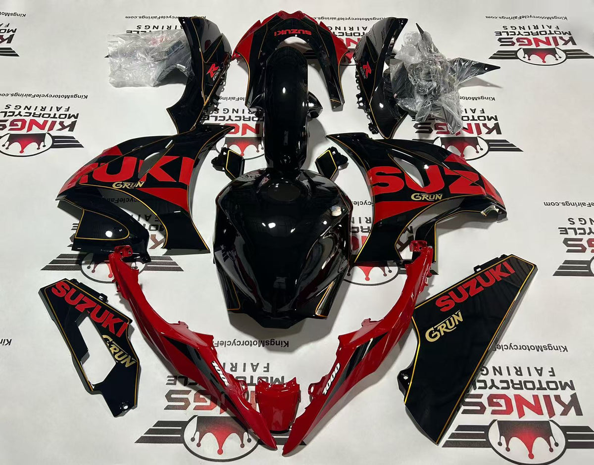 Suzuki GSXR1000 Fairings (2017-2025) Black, Red, Gold Pinstripe from KingsMotorcycleFairings.com