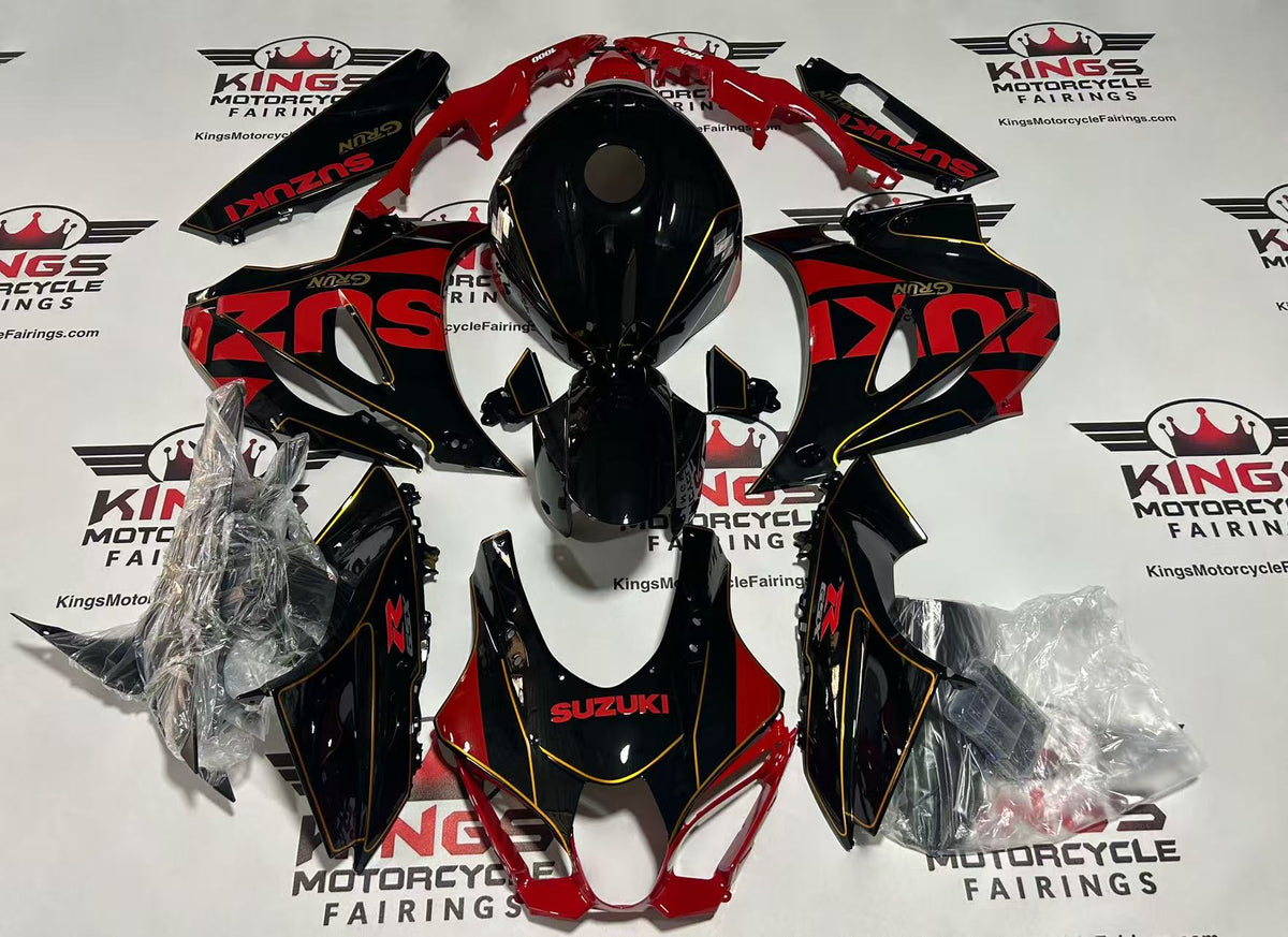 Suzuki GSXR1000 Fairings (2017-2025) Black, Red, Gold Pinstripe at KingsMotorcycleFairings.com