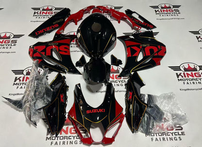 Suzuki GSXR1000 Fairings (2017-2025) Black, Red, Gold Pinstripe at KingsMotorcycleFairings.com
