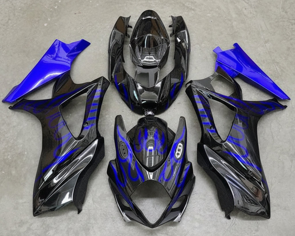 Suzuki GSXR 1000 Fairings (2007-2008) Black, Royal Blue, Flames at KingsMotorcycleFairings.com