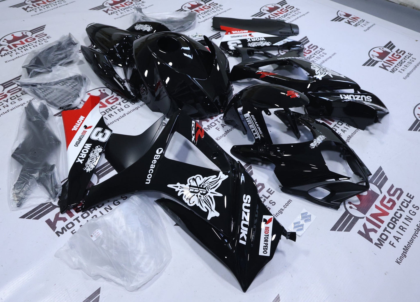 Suzuki GSXR1000 Fairings (2007-2008) Black, White, Red Worx from KingsMotorcycleFairings.com